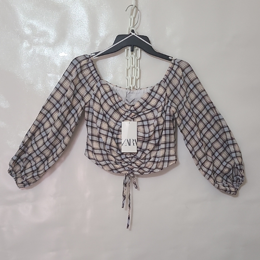 Zara Women's Plaid Long Sleeve Crop Black & White Top‎ Size Medium NEW WITH TAGS